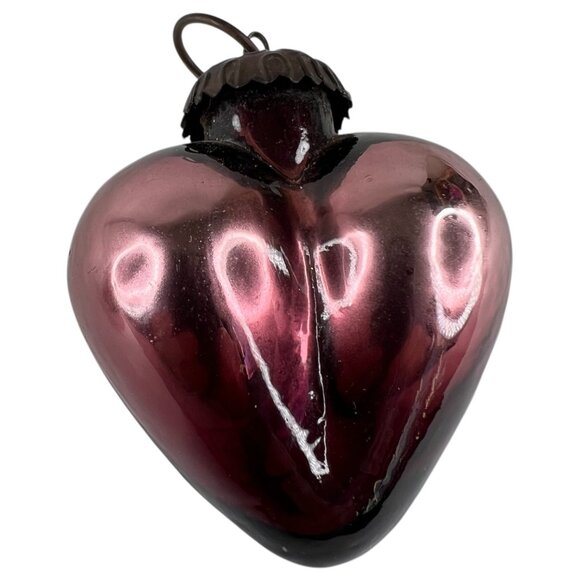 2 Modern Kugel Style Heart Shape Glass Christmas Ornament Red Purple Metal Caps - Picture 6 of 8